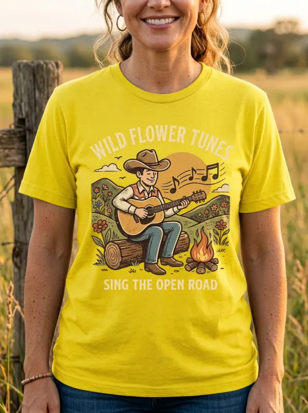 Acoustic Country Music Cowboy Guitar Campfire Crew Neck T-Shirt