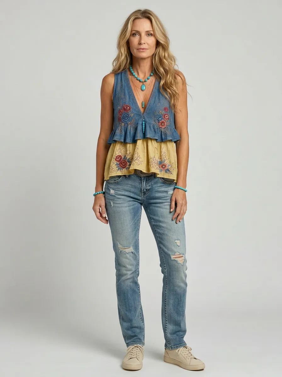 Women's Boho Floral Embroidered Ruffle Printed Short Sleeve Top