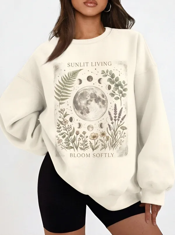 Women's Moon Phase Botanical Floral Printed Sweatshirt