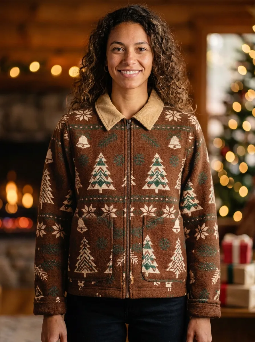 Christmas Holiday Tree Bell Pattern Print Zip-up Jacket