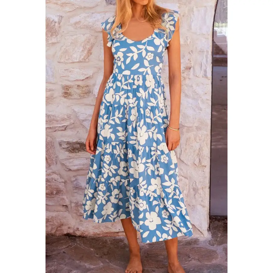 Flutter Shoulder Tiered Flowy Midi Dress