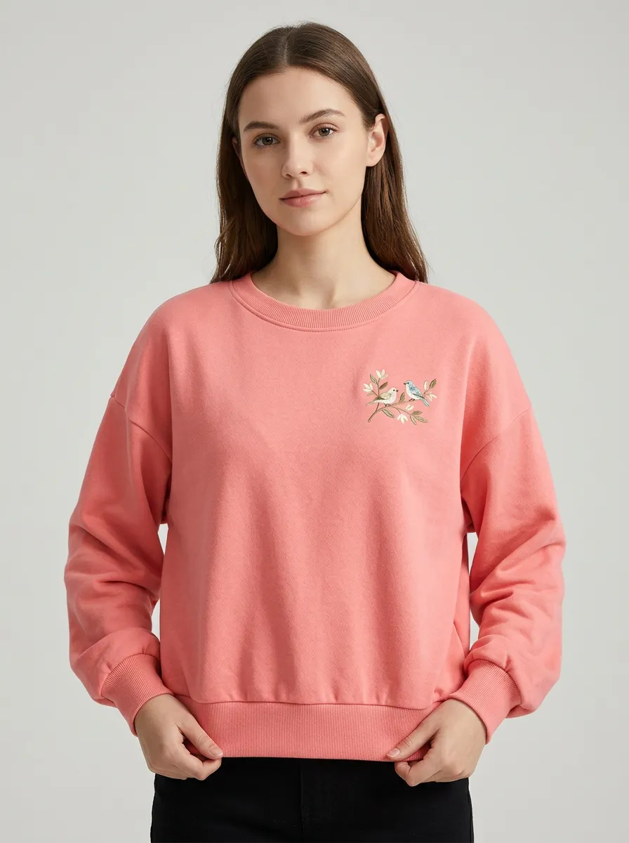 Women's Nature Lover Pink Bird Branch Embroidered Sweatshirt
