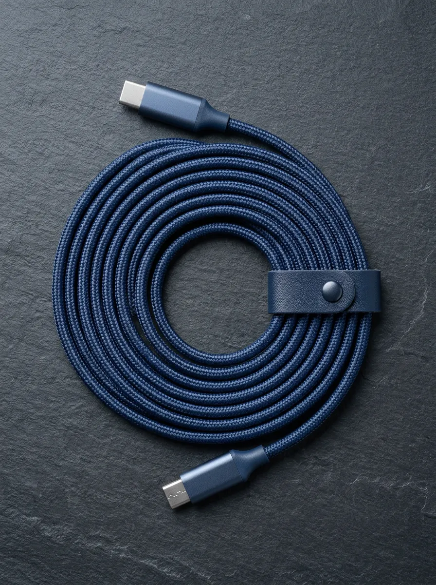Navy Braided Leather-Strap USB-C Charging Cable