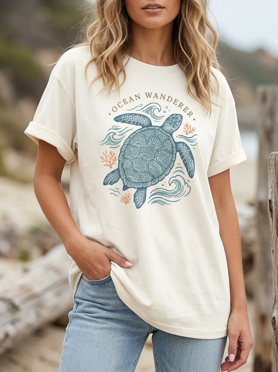Women's Ocean Lover Sea Turtle Wanderer Printed T-shirt