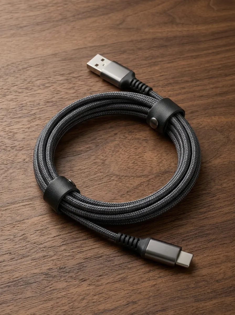 Braided Grey Leather Strap USB-C Charging Cable