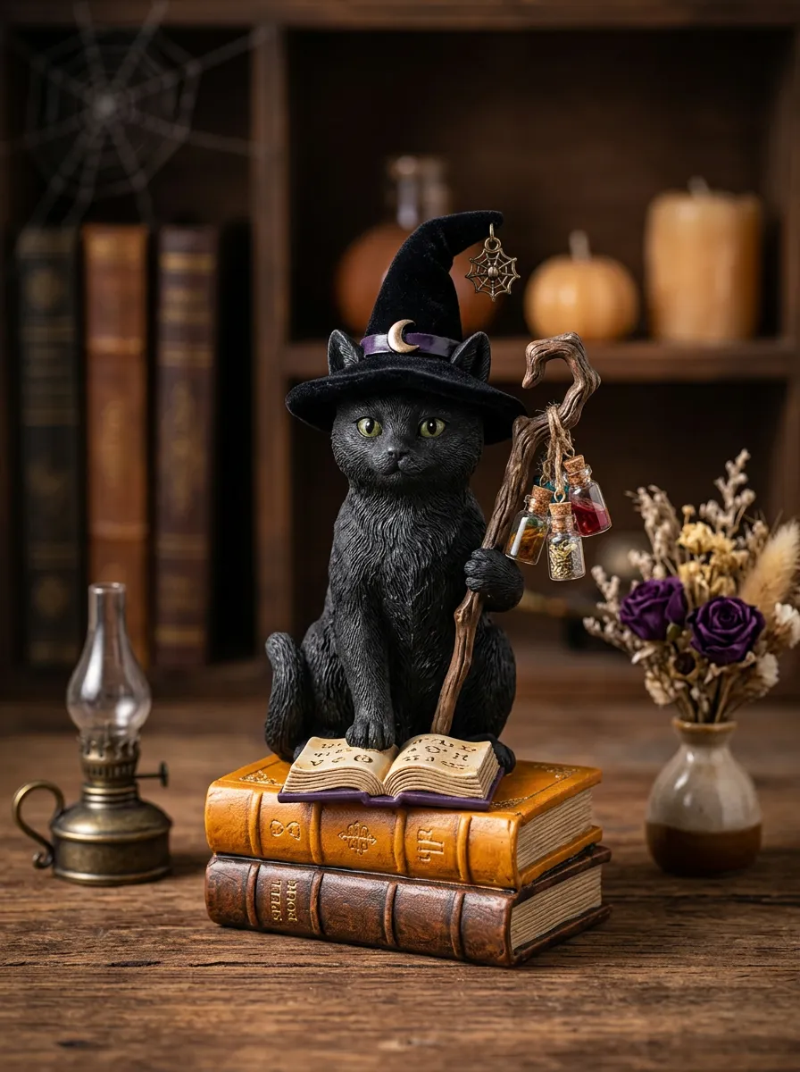 Halloween Witchcraft Black Cat Spellbook Tabletop Ornament