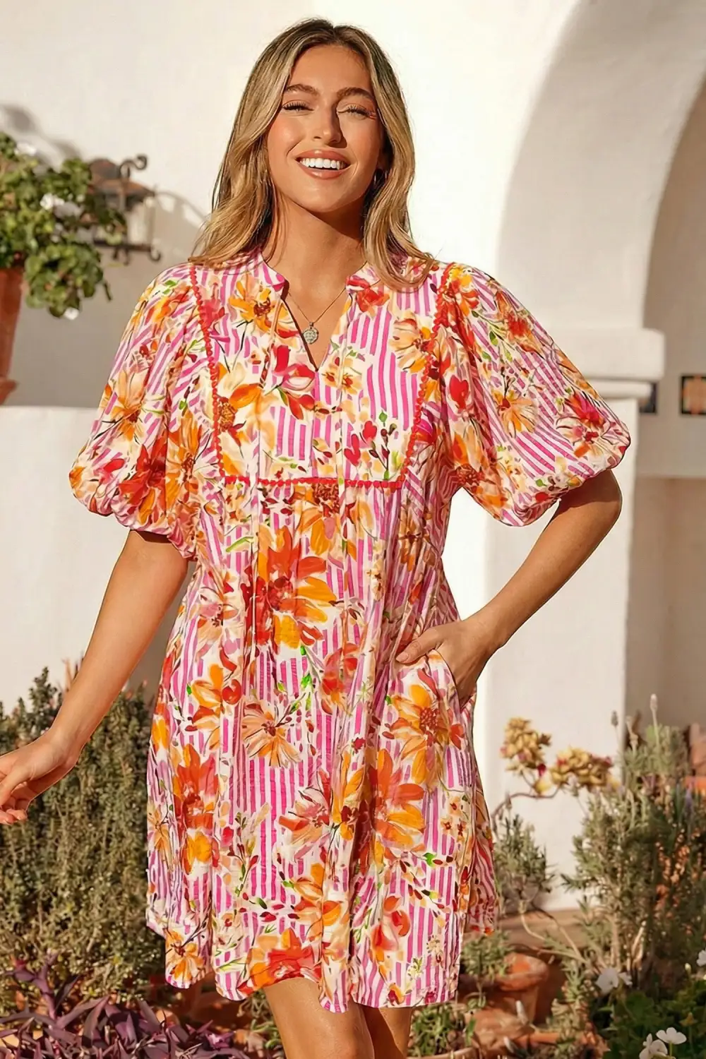 Floral Striped Puff Sleeve Mini Dress
