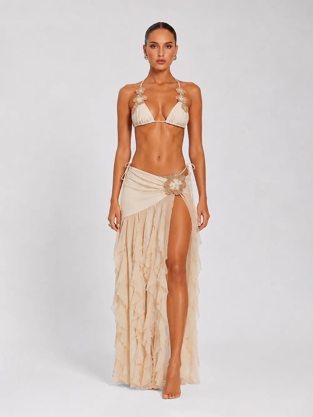 Evie Beige Halter Neck Cutout Beaded Floral Maxi Skirt Set