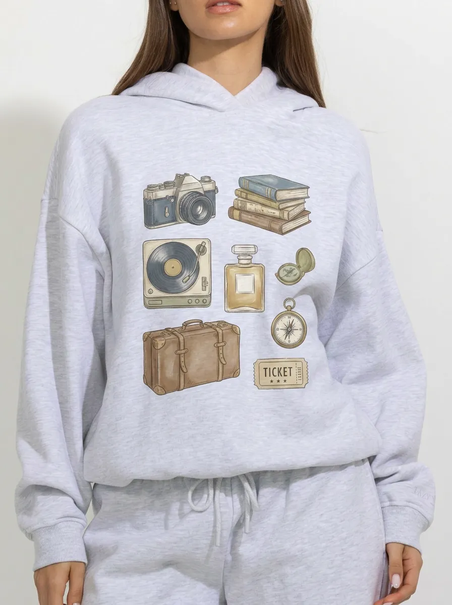 Women's Vintage Travel Aesthetic Camera Book Printed Hoodie