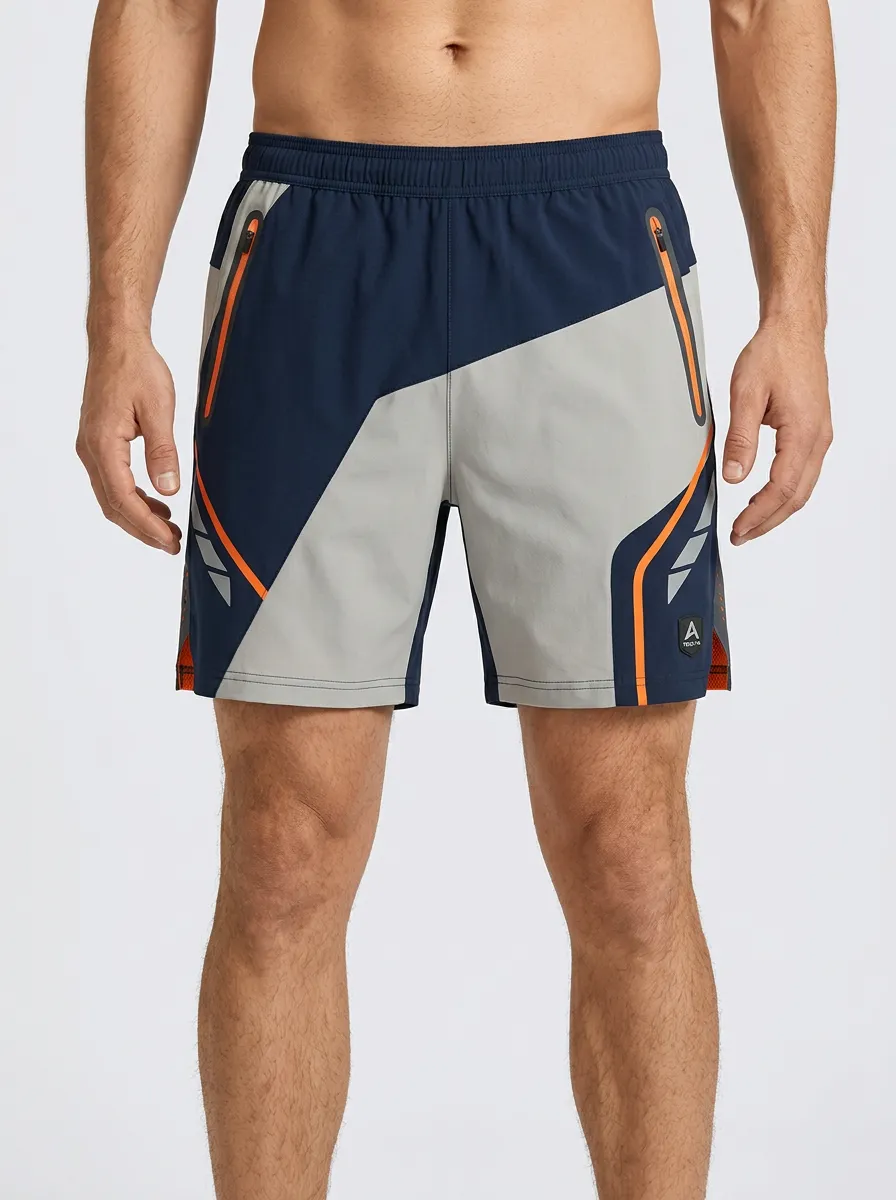 Men's Sport Fitness Colorblock Zippered Printed Shorts