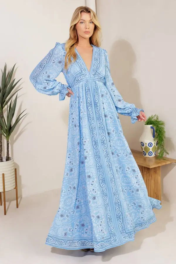 Long-Sleeve Printed Maxi Dress
