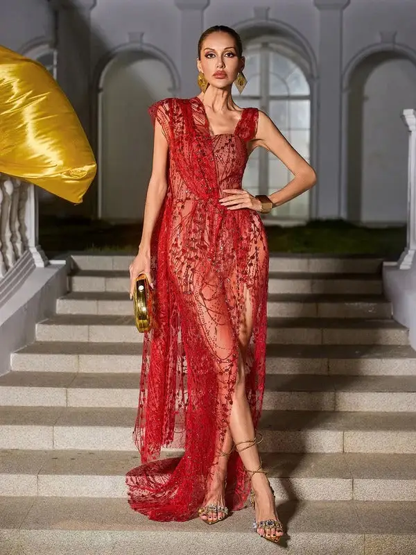 Bailee Split Sequin Maxi Dress In White