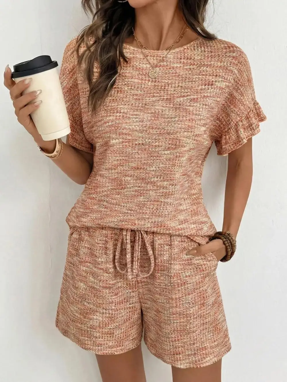 Ruffle Sleeve Textured Top Shorts Set