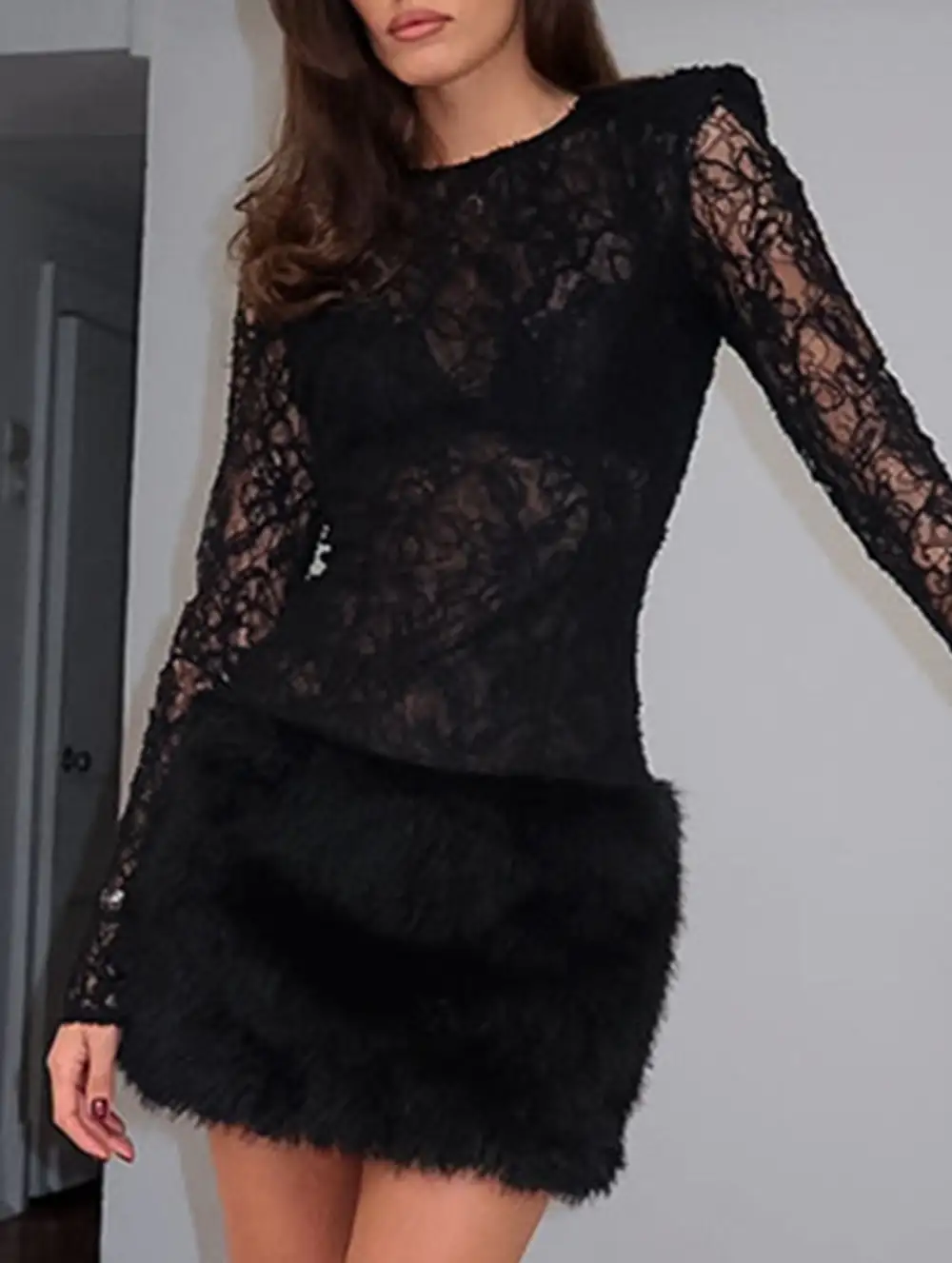 Lace Patchwork Fuzzy Bodycon Mini Dress