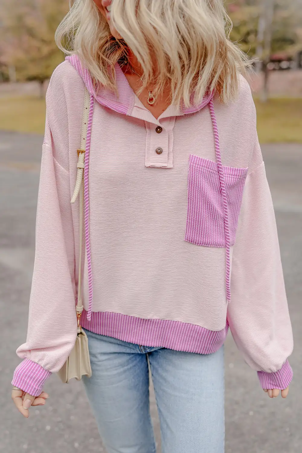 Drawstring Patch-Pocket Drop-Shoulder Corded Hooded Top