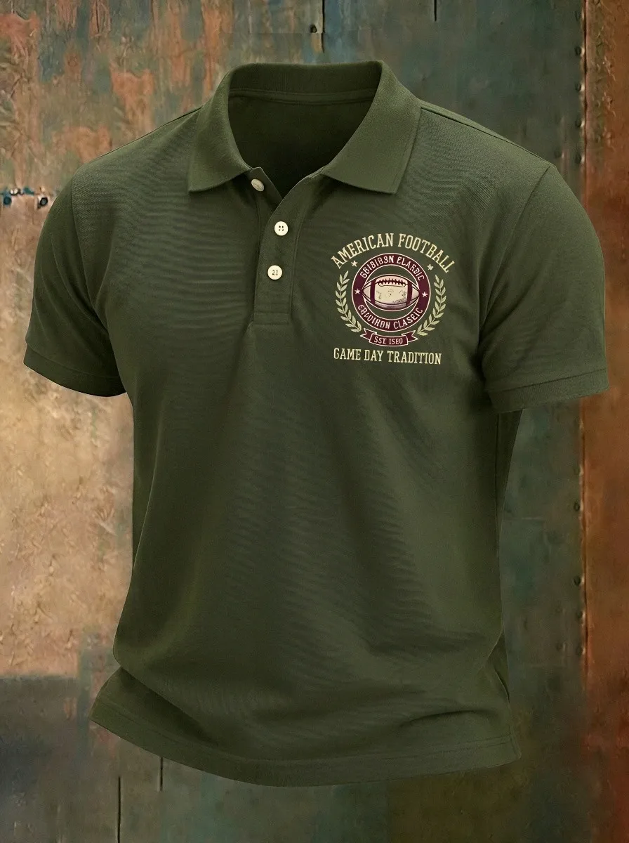 Men's American Football Game Day Emblem Printed Polo Shirt