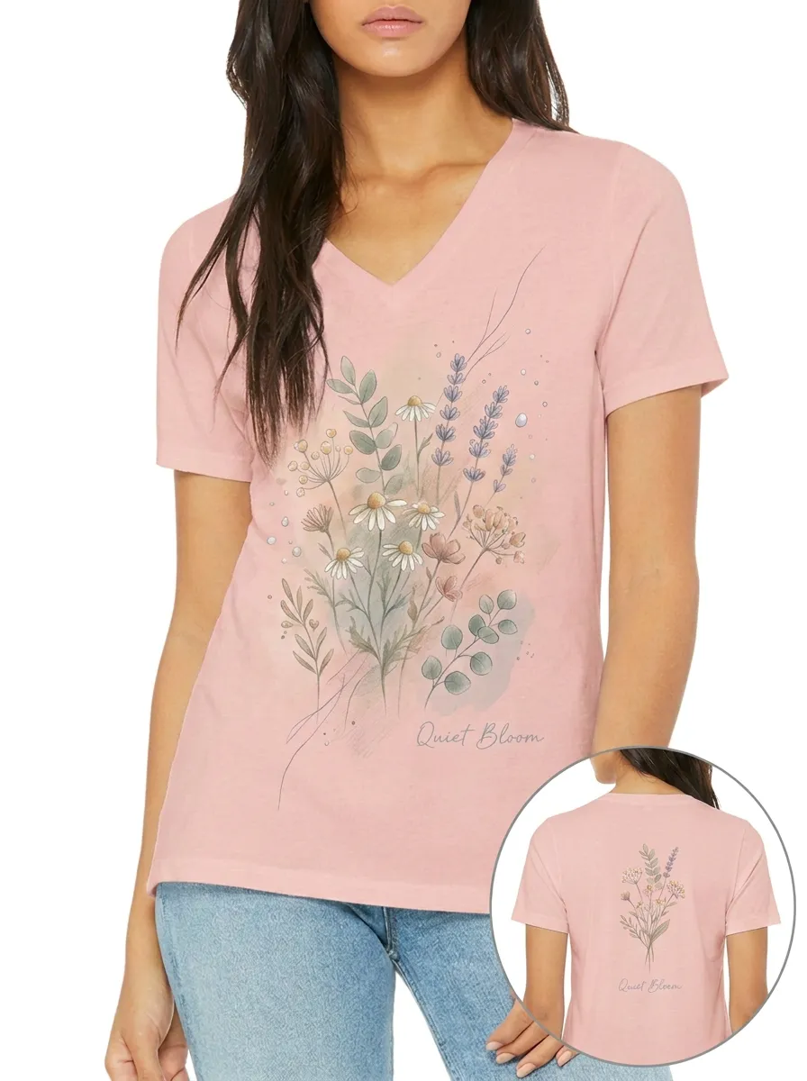 Women's Quiet Bloom Botanical Watercolor Printed V-neck T-shirt