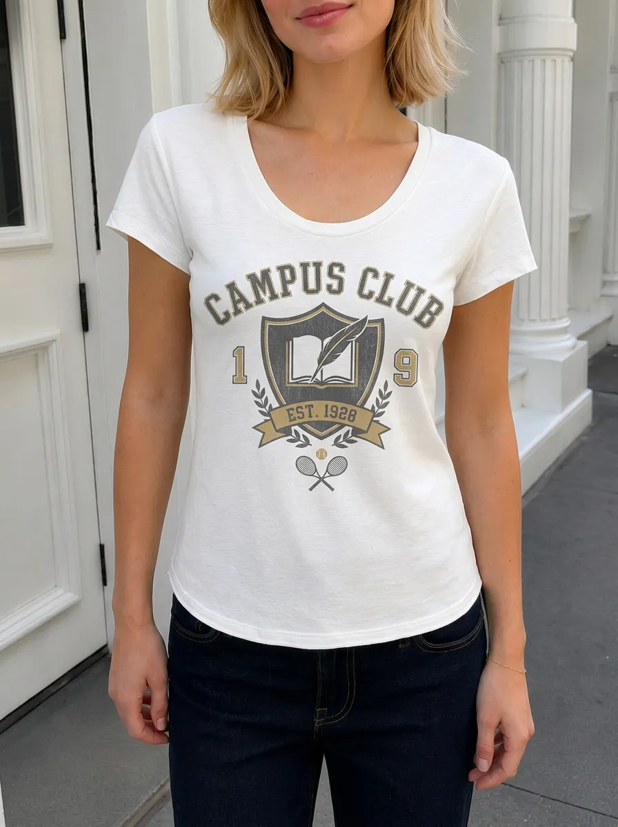 Women's Campus Club Tennis Book Shield Printed T-shirt