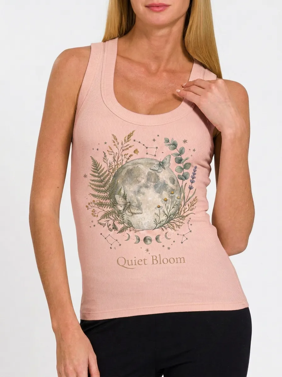 Women's Botanical Moon Moth Quiet Bloom Printed Ribbed Tank Top