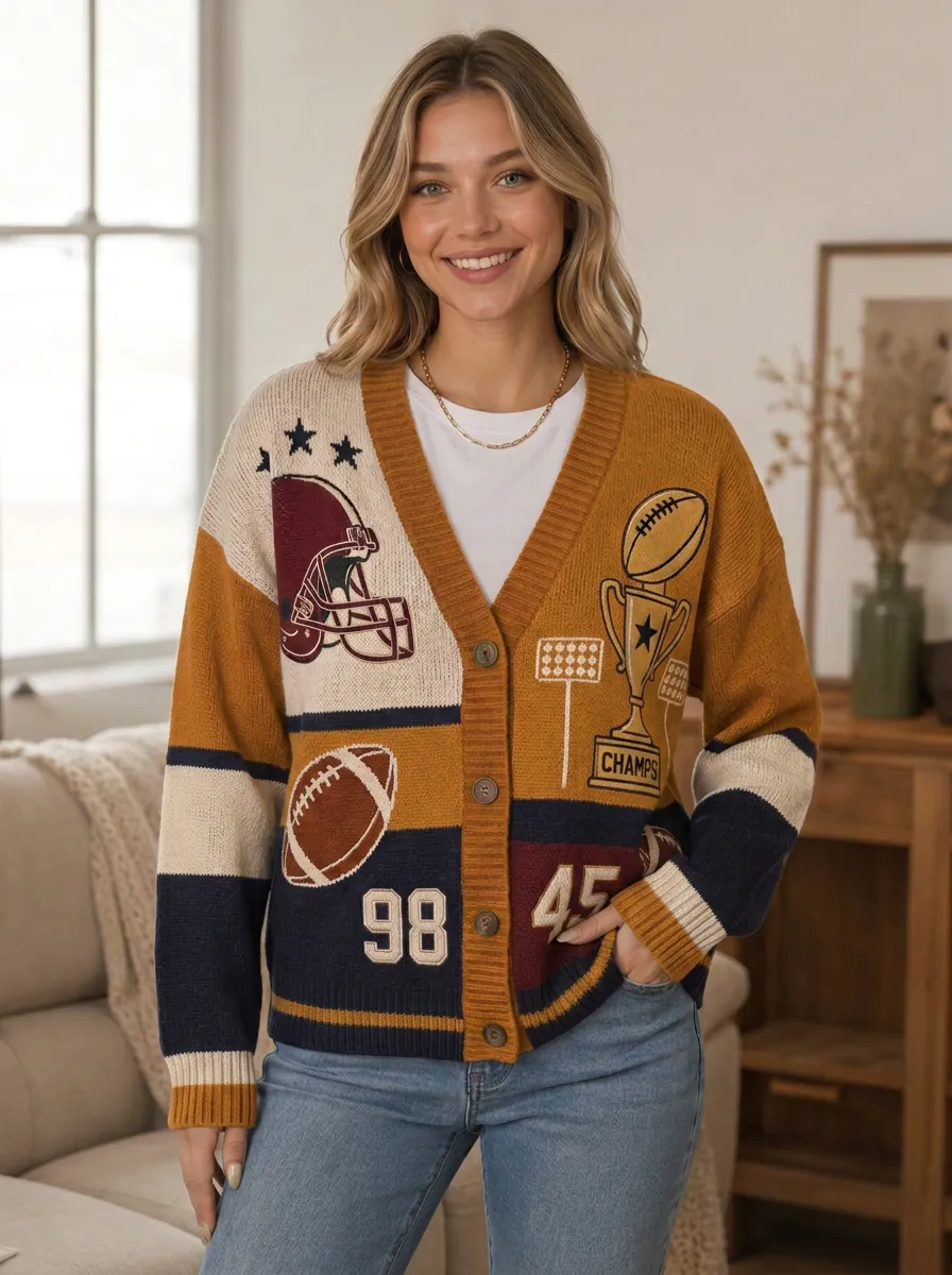 Women's Energetic Gridiron Helmet Trophy Ball Knit Cardigan