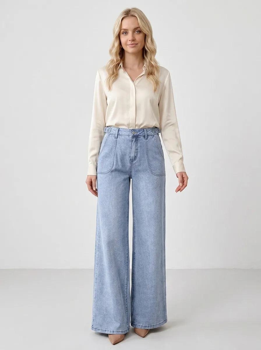 Women's Casual Fashion Light Wash High Waisted Wide Leg Denim Pants