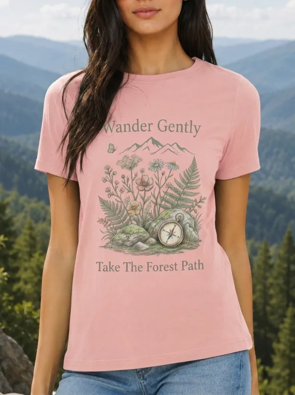 Women's Nature Lover Mountain Compass Floral Printed T-shirt