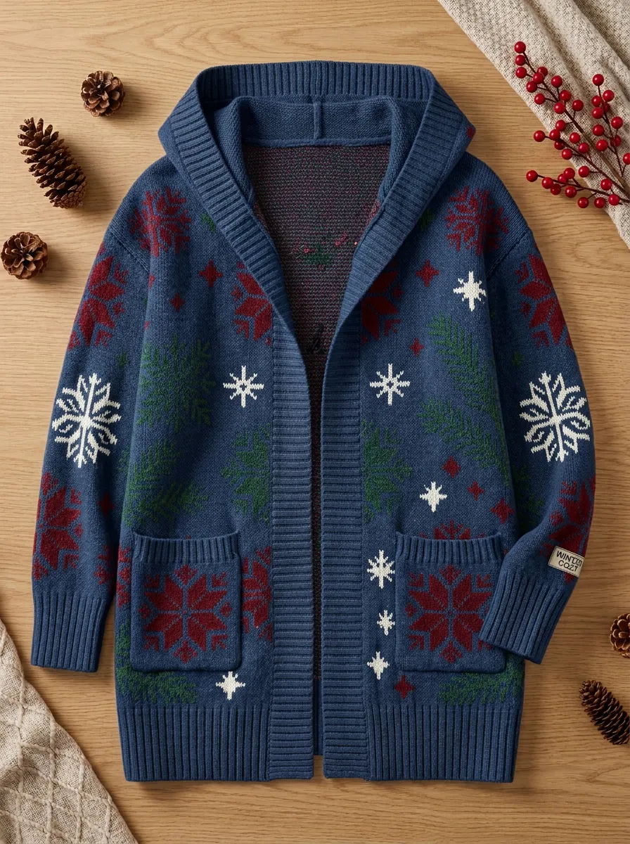Christmas Snowflake Pine Branch Pattern Knit Hooded Cardigan