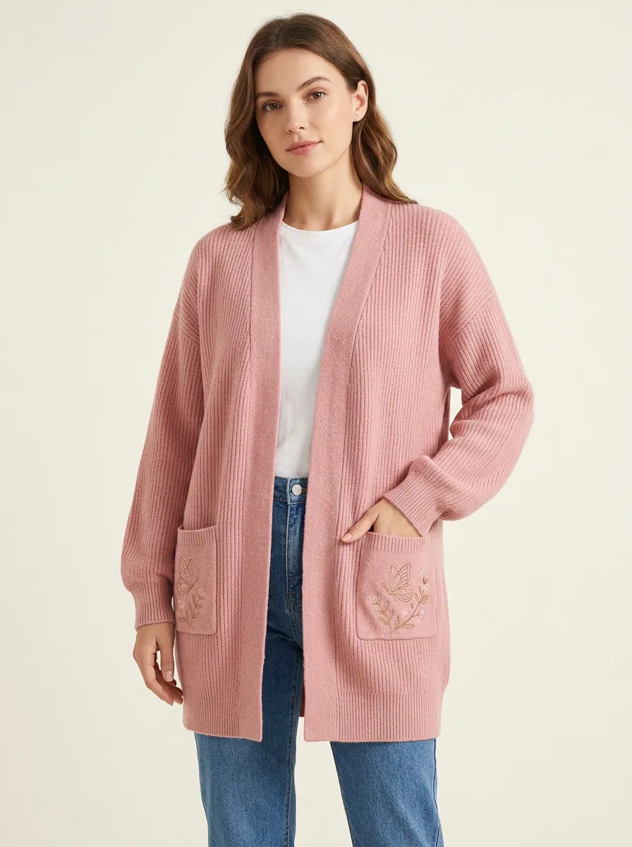 Pink Butterfly Floral Embroidered Ribbed Cardigan