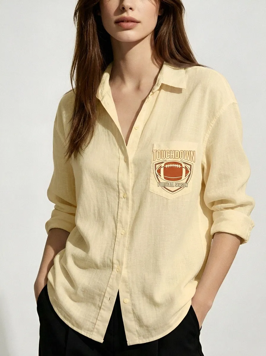 Women's Football Fan Touchdown Shield Printed Button-Down Shirt