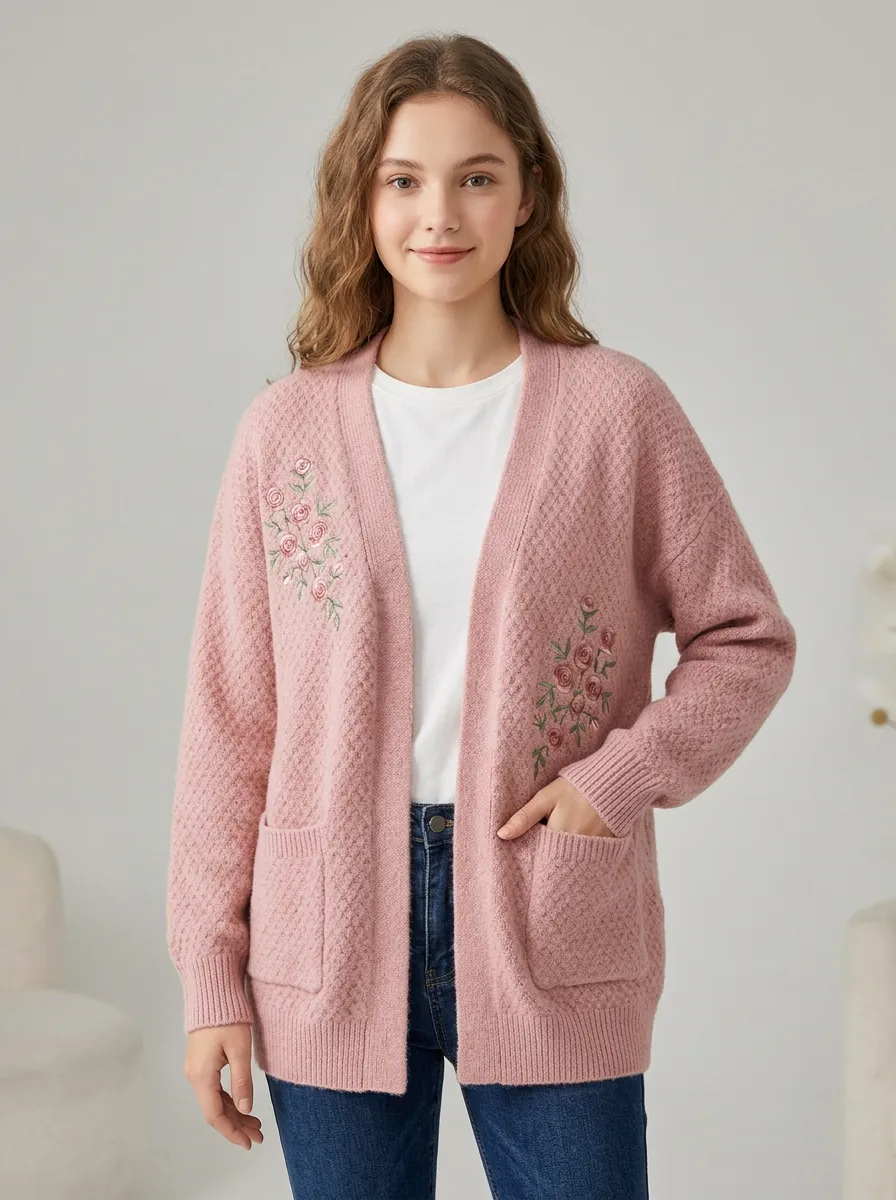 Women's Floral Lover Pink Rose Embroidered Knitted Cardigan