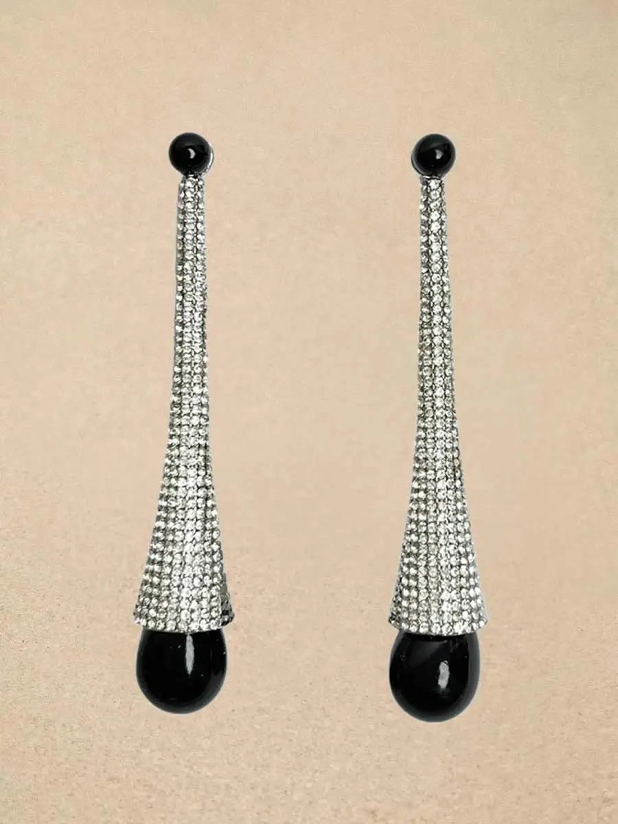 Sabina Long Tapered Rhinestone Drop Earrings