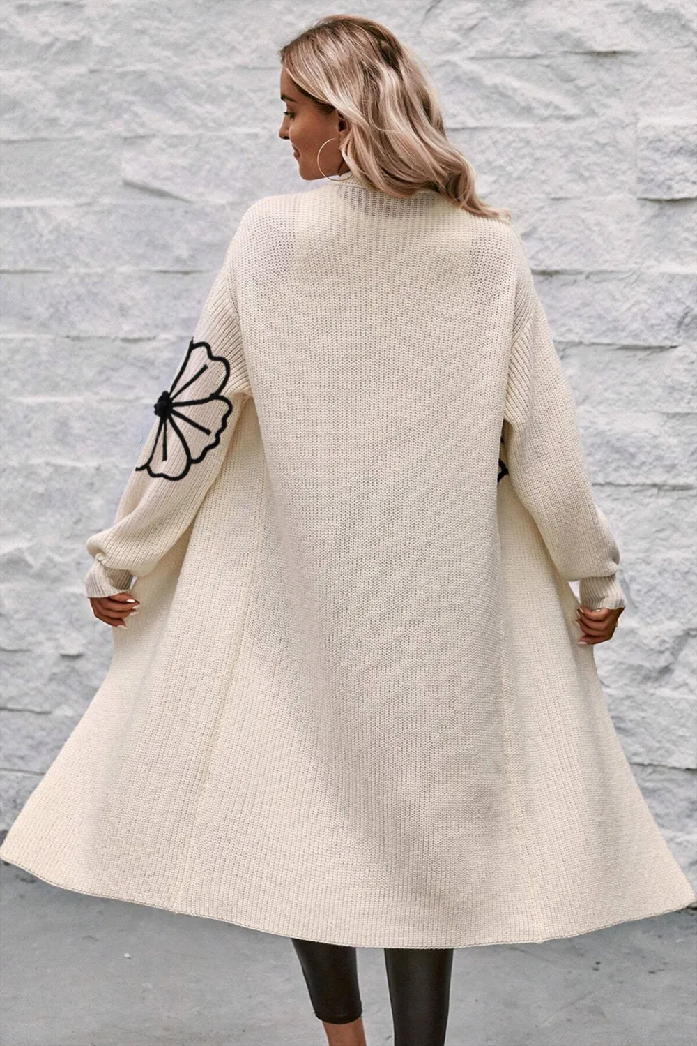 Flower Embroidered Drop Shoulder Open Front Duster Everyday Layer Cardigan