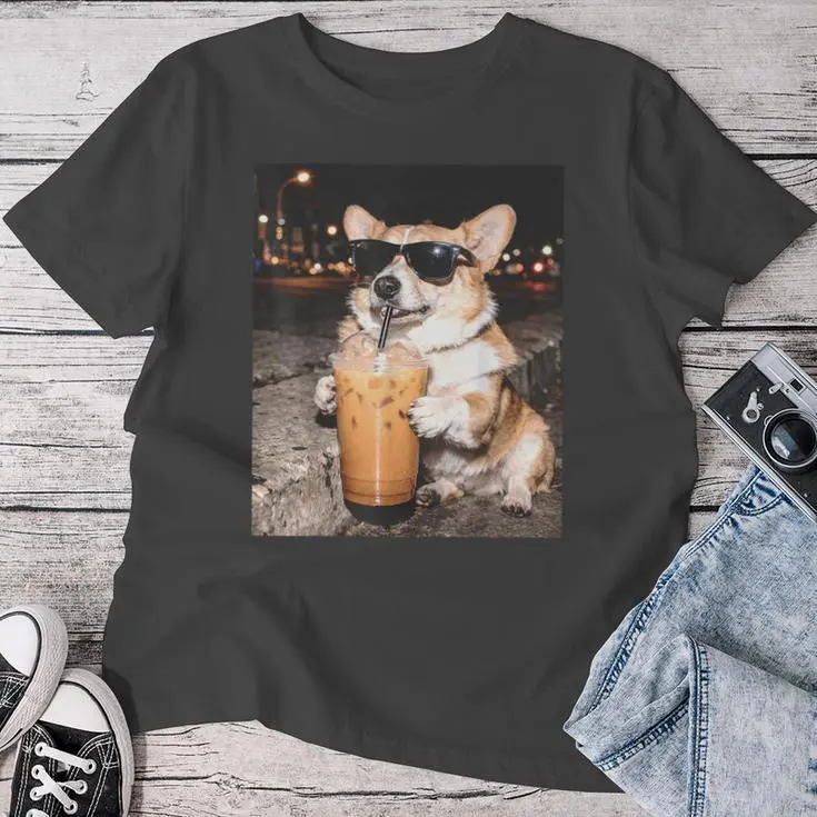 Corgi Drinking Iced Coffee Dog Meme Women T-shirt