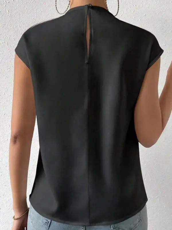 Relaxed Sleeveless Cutout Pleat Detail Mock Neck T-Shirt