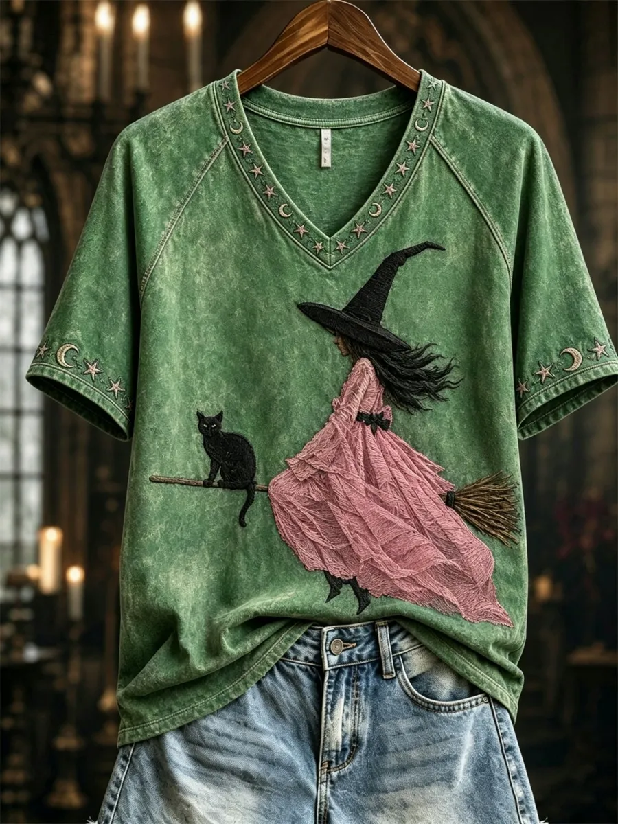 Women's Pink Witch-Themed Print Casual T-Shirt