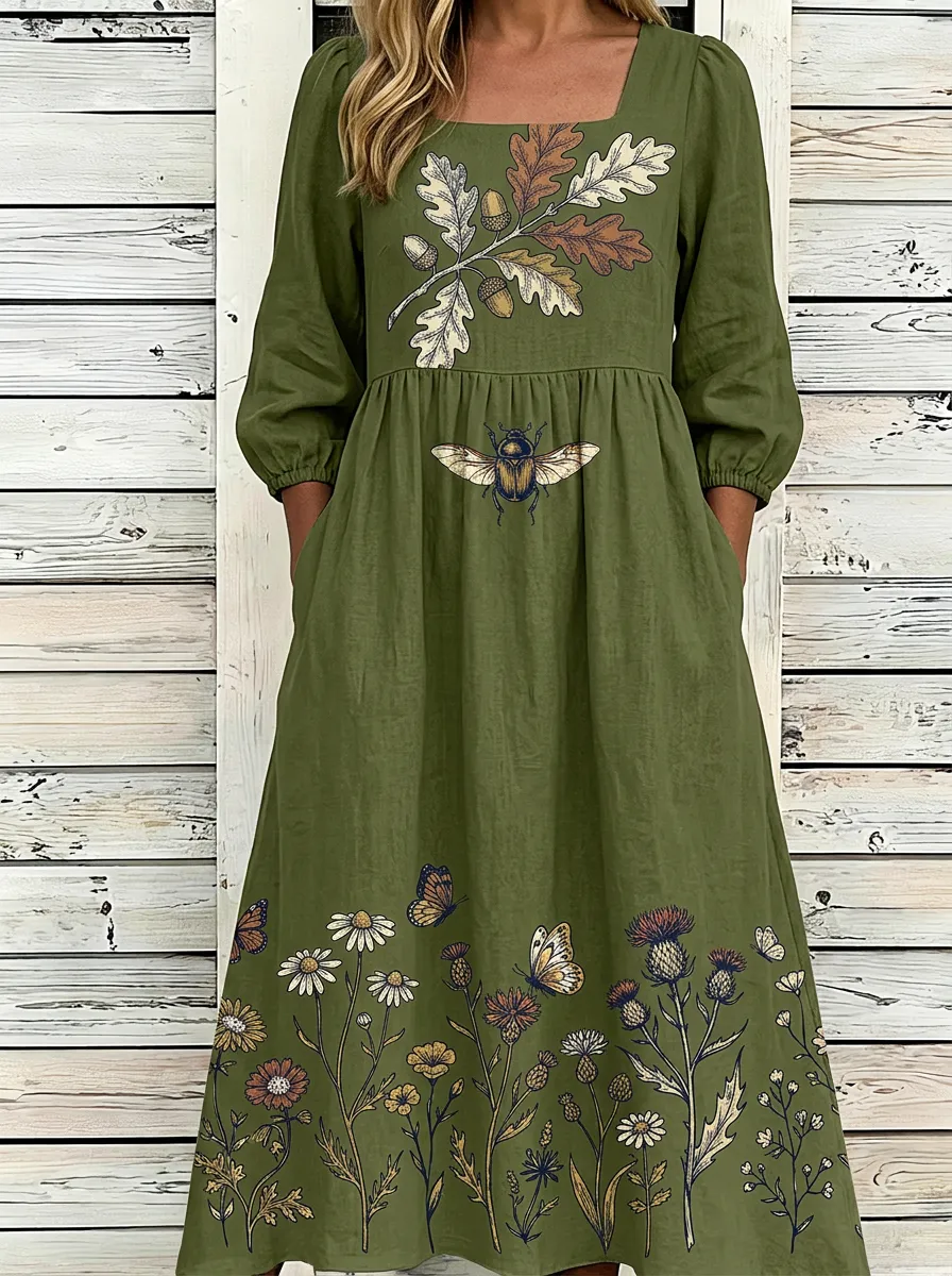 Women's Botanical Beetle Oak Leaf Butterfly Printed Dress