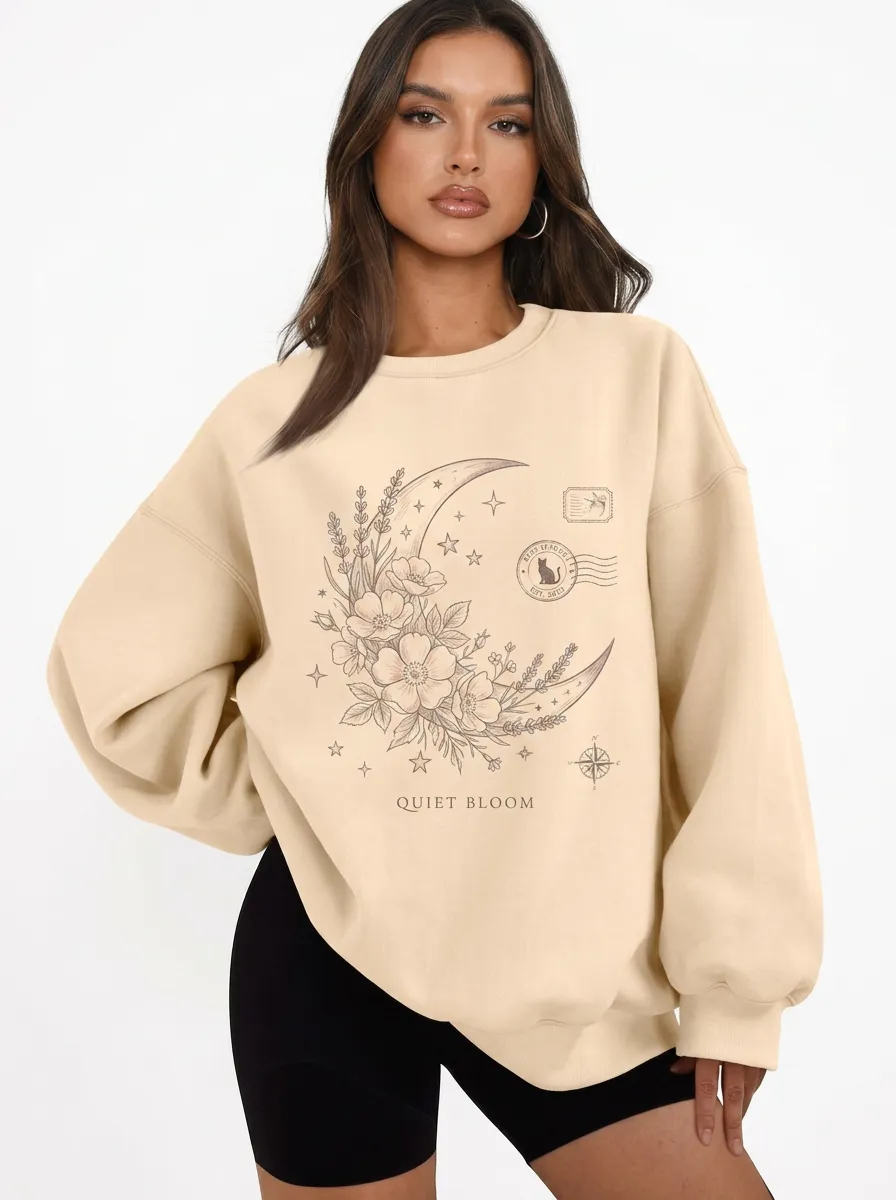 Women's Celestial Floral Moon Cat Printed Sweatshirt