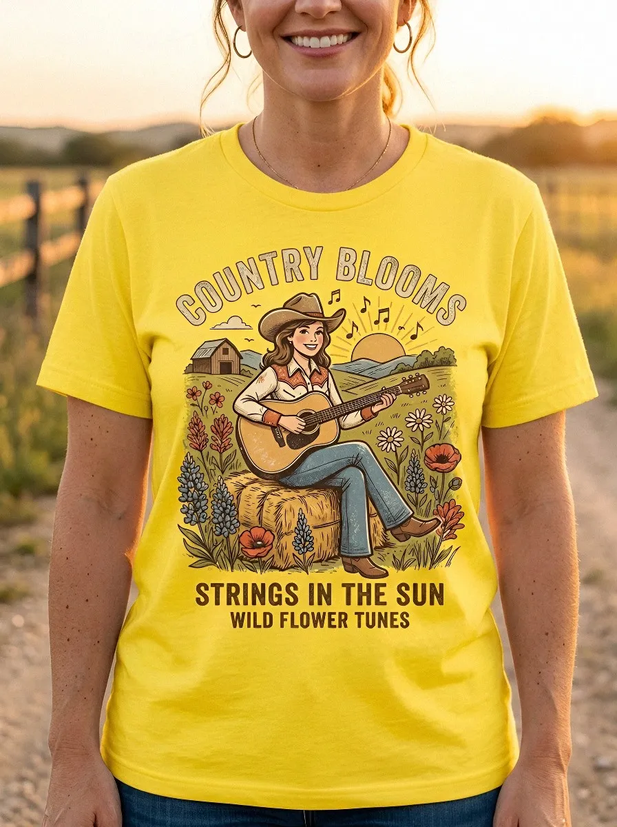 Acoustic Country Music Cowgirl Guitar Wildflower Crew Neck T-Shirt