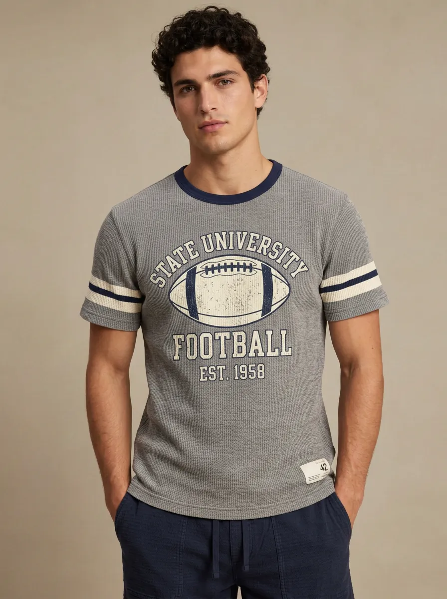 Men's State University Football Graphic Printed Waffle Knit T-shirt