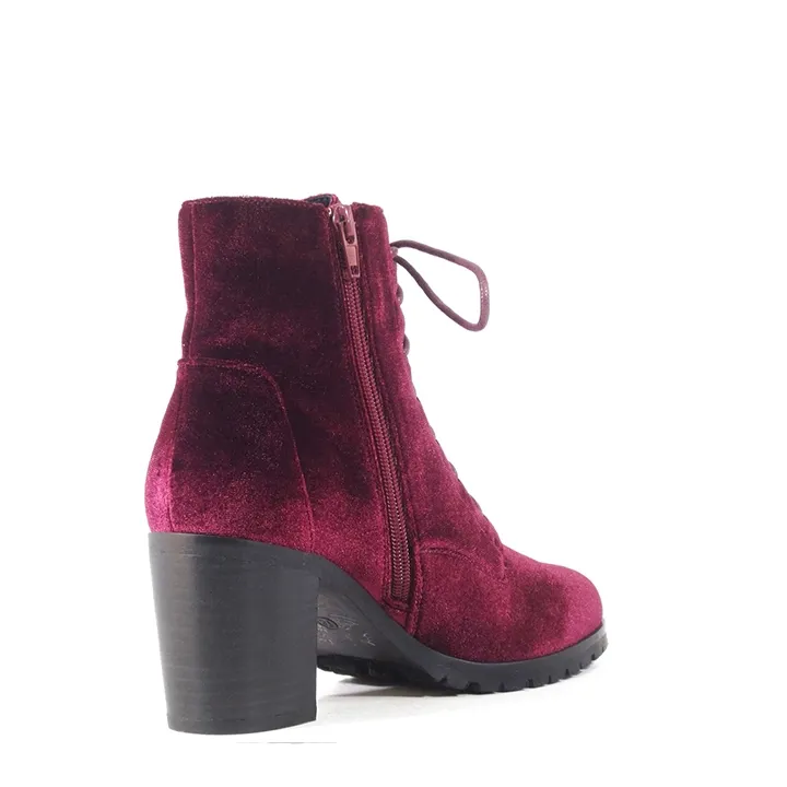 Velvet Lace Up Lug Sole Ankle Boots