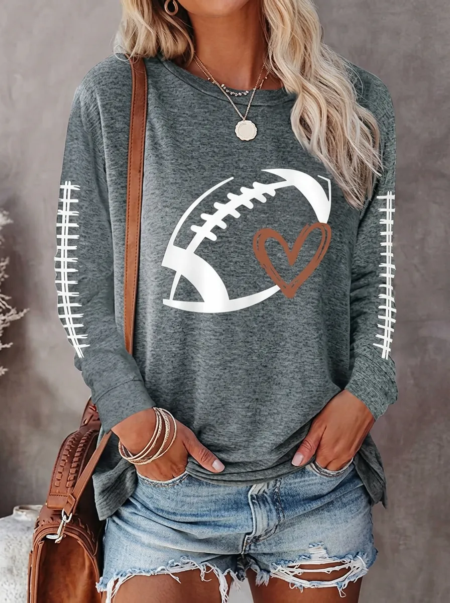 Women's Stadium Inspired Gridiron Heart Ball Love Crewneck Long Sleeve T-Shirt