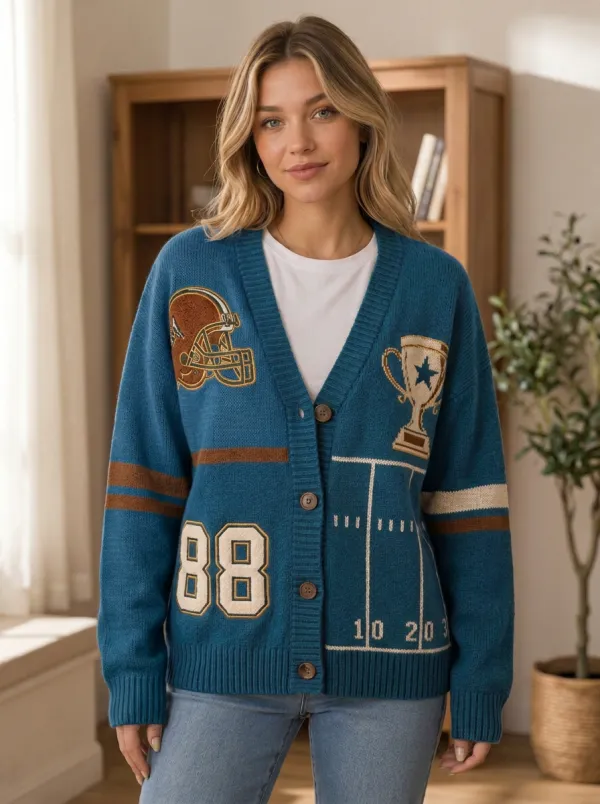 Women's Football Fan Helmet Trophy 88 Pattern Knitted Cardigan