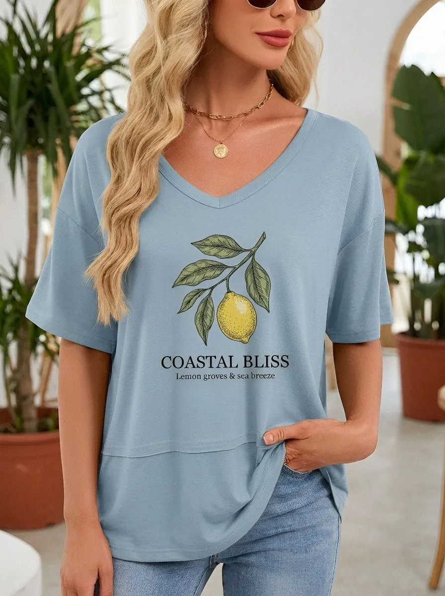 Women's Coastal Bliss Lemon Botanical Printed V-Neck T-Shirt
