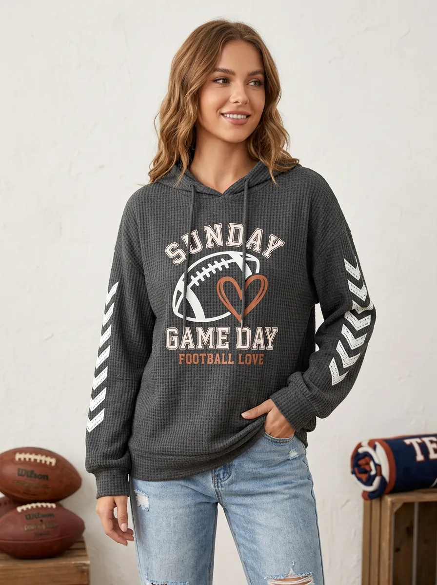 Women's Sunday Game Day Football Heart Printed Waffle Hoodie