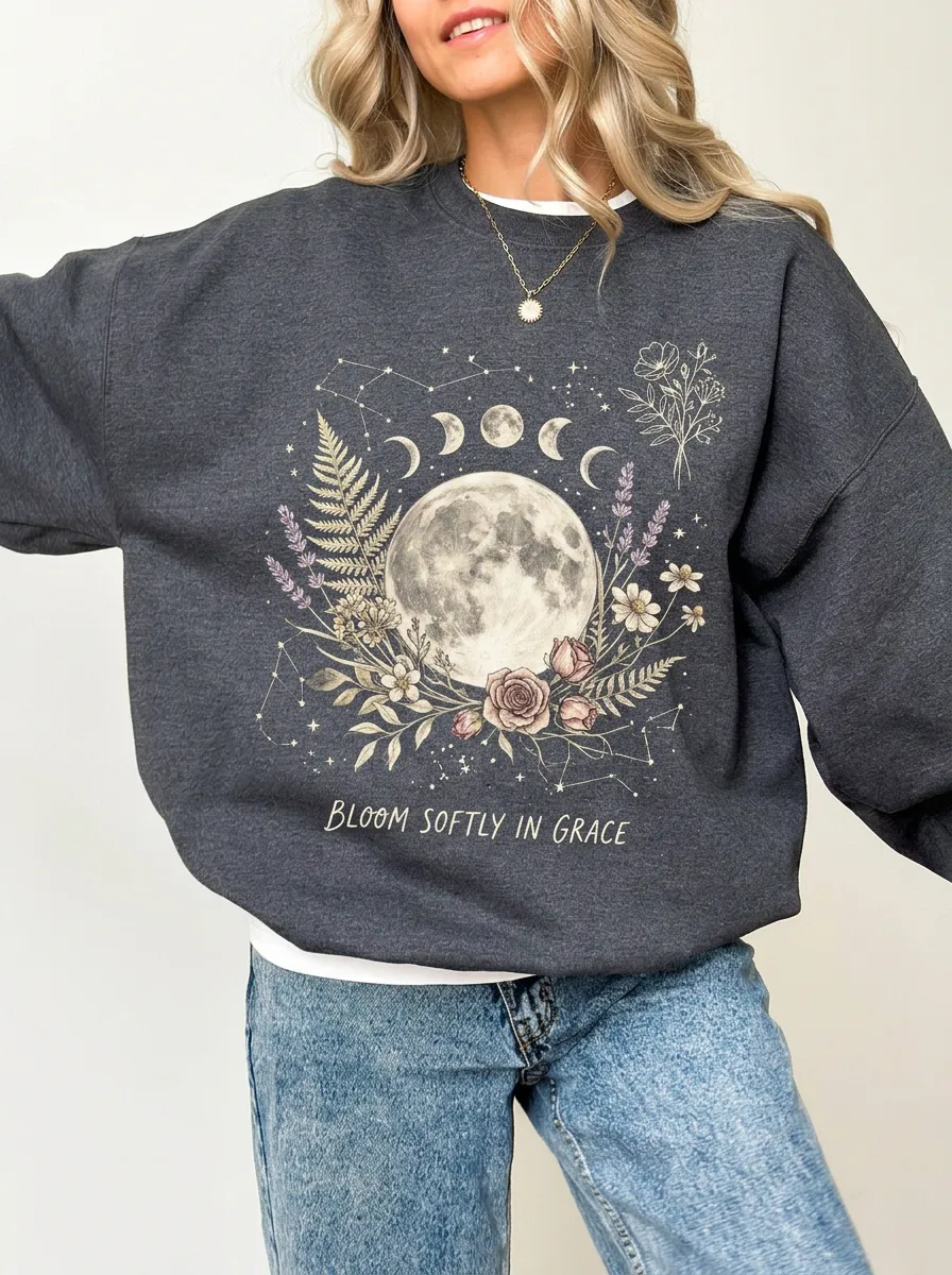 Women's Celestial Moon Floral Bloom Softly In Grace Printed Sweatshirt