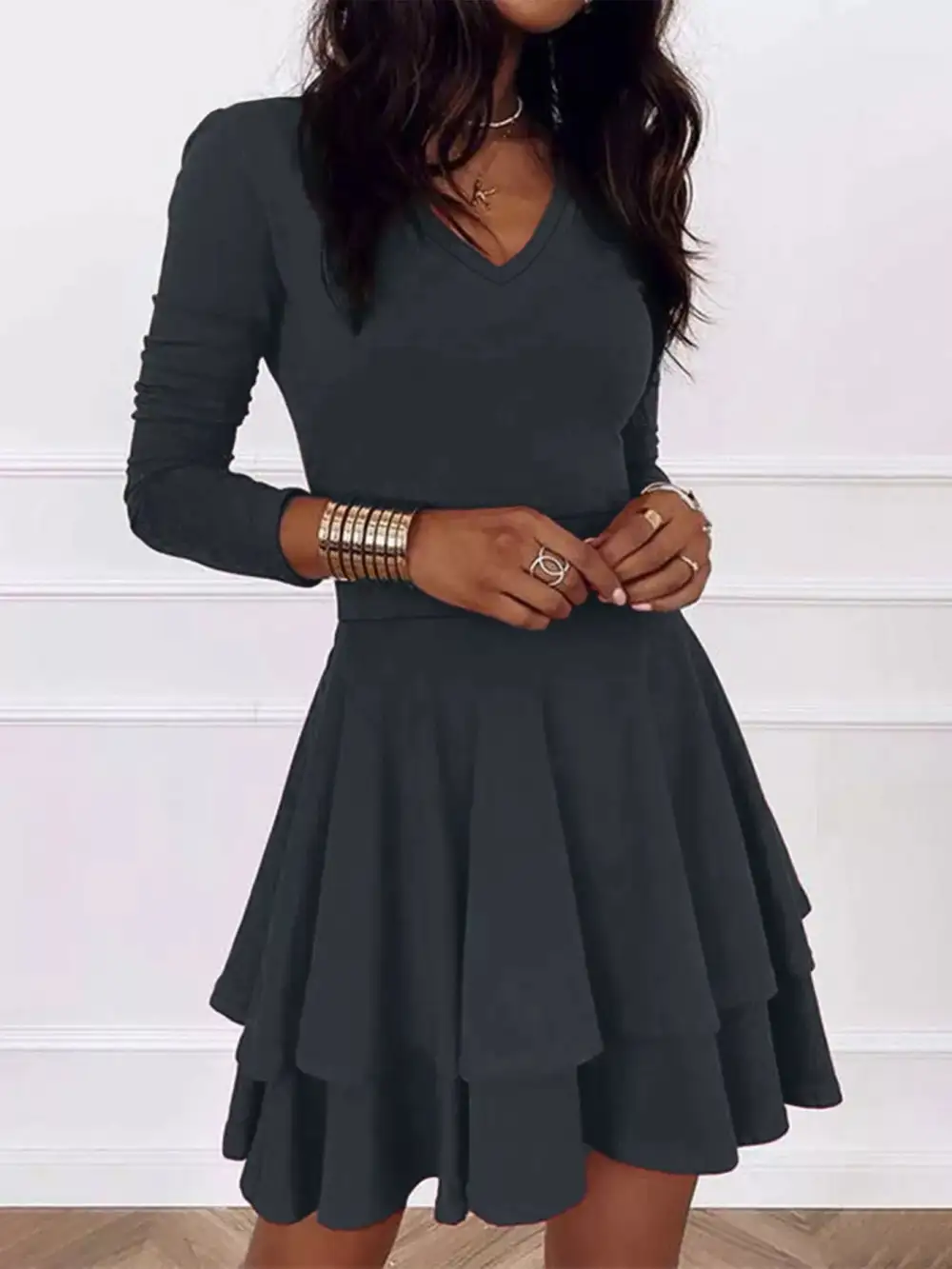 Finish V Neck Ruffle Mini Dress