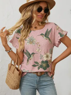 Hummingbird Hibiscus Floral Women's Loose Printed Blouse