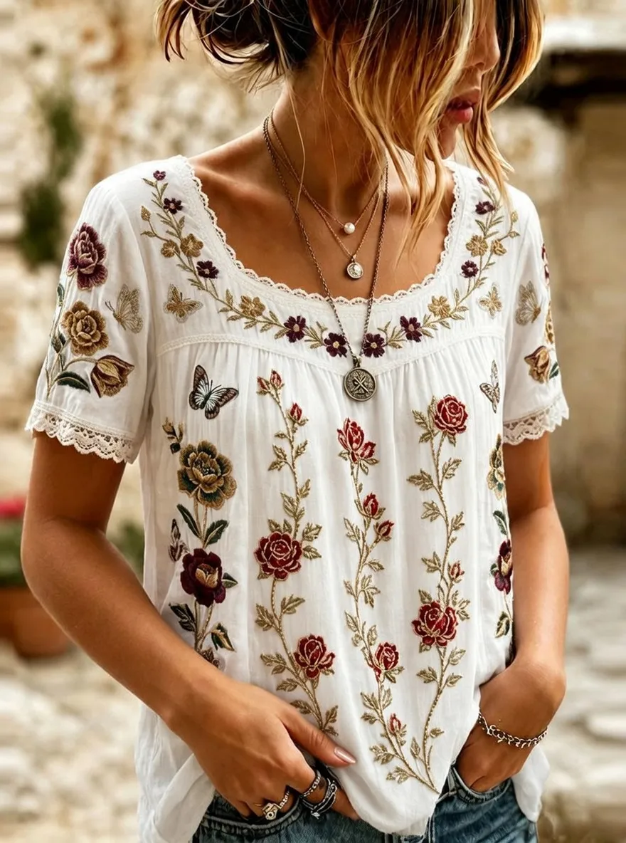 Women's Floral Butterfly Bohemian Embroidered Short Sleeve T-shirt