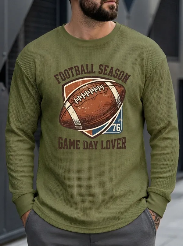 Men's Football Season Game Day Lover Vintage Ball Printed Waffle T-Shirt