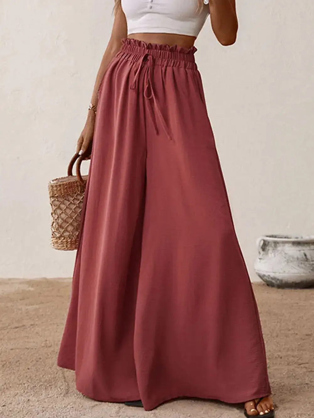 Wide Leg Tie Waist Ruffle Detail Everyday Pants